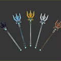 Different Colored Magic Staffs With Claw Shaped Heads And Glowing Green Tips