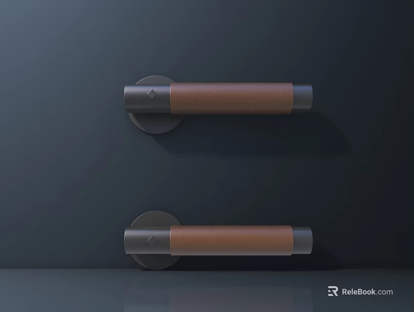Two Brown And Gray Metal Door Handles Mounted On Dark Wall Surface 3d model 