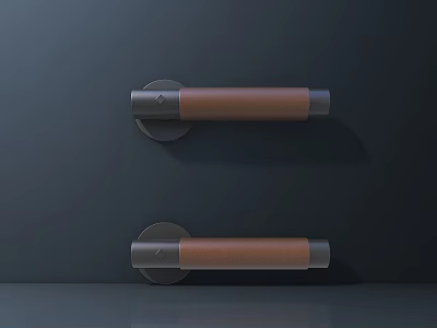 Two Brown And Gray Metal Door Handles Mounted On Dark Wall Surface 3d model