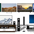 Multiple Wall Mounted TVs With Surround Sound Speakers And Modern TV Stands Setup
