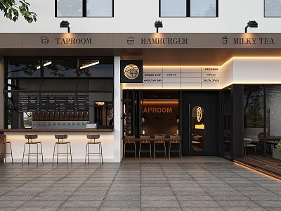 Modern Taproom Exterior With Bar Stools And Large Windows 3d model
