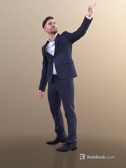 Man In Dark Blue Suit With White Shirt Posing With Raised Arm Against Beige Background 3d model 
