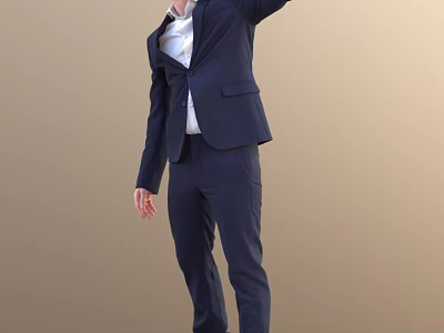 Man In Dark Blue Suit With White Shirt Posing With Raised Arm Against Beige Background 3d model