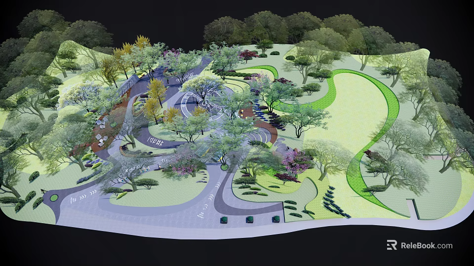 Garden Landscape Design Featuring Winding Pathways Diverse Trees And Green Lawns 3d model