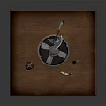Ancient Viking Weapons Collection With Shield Axe Helmet And Horn On Brown Wooden Table