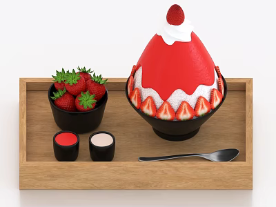Strawberry Shaved Ice With Cream Topping Fresh Slices And Sauce On Wooden Tray 3d model