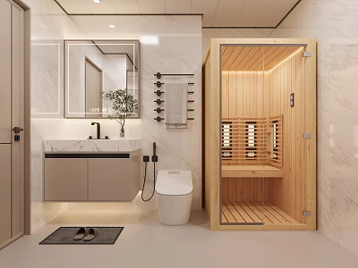 Modern Marble Bathroom Design With Built In Wooden Sauna And Premium Sanitary Fixtures 3d model