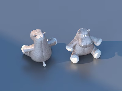 Two Gray Plush Hippo Stuffed Toys With White Feet Sitting On Blue Surface 3d model
