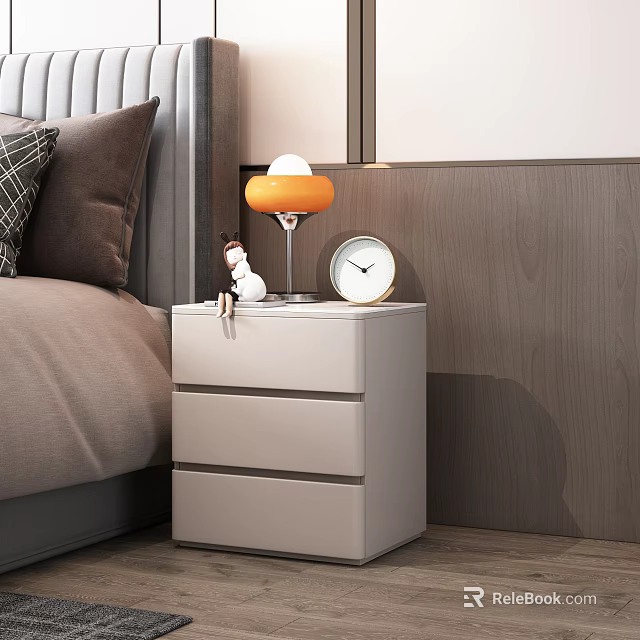 Modern White Nightstand With Drawers Orange Lamp And Clock By Bedside 3d model 