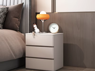Modern White Nightstand With Drawers Orange Lamp And Clock By Bedside 3d model