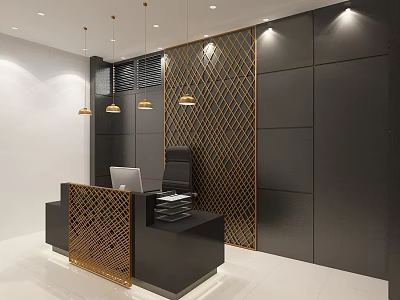 Elegant Modern Office Desk Workspace With Black Surface Gold Accents And Laptop Setup 3d model