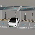 White Electric Car Charging At Station With Multiple Charging Piles And Canopy