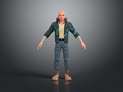 Bald Man Wearing Black Jacket With Yellow Lightning T-Shirt Blue Jeans And Brown Boots 3d model