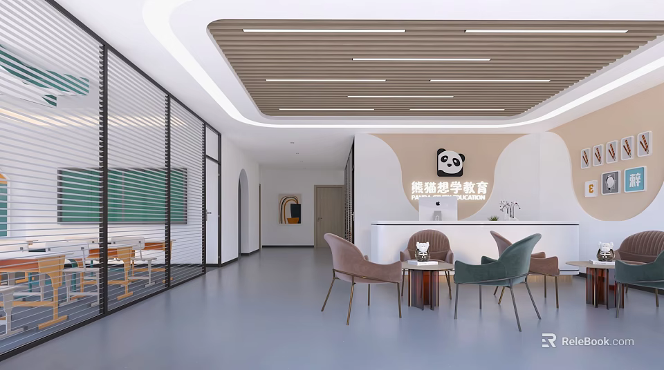 Modern Shop Front Desk Interior With Panda Design Chairs Table Grid Partition And Wooden Ceiling 3d model 