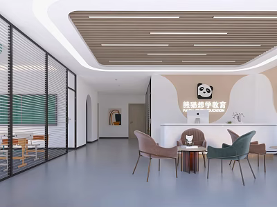 Modern Shop Front Desk Interior With Panda Design Chairs Table Grid Partition And Wooden Ceiling 3d model