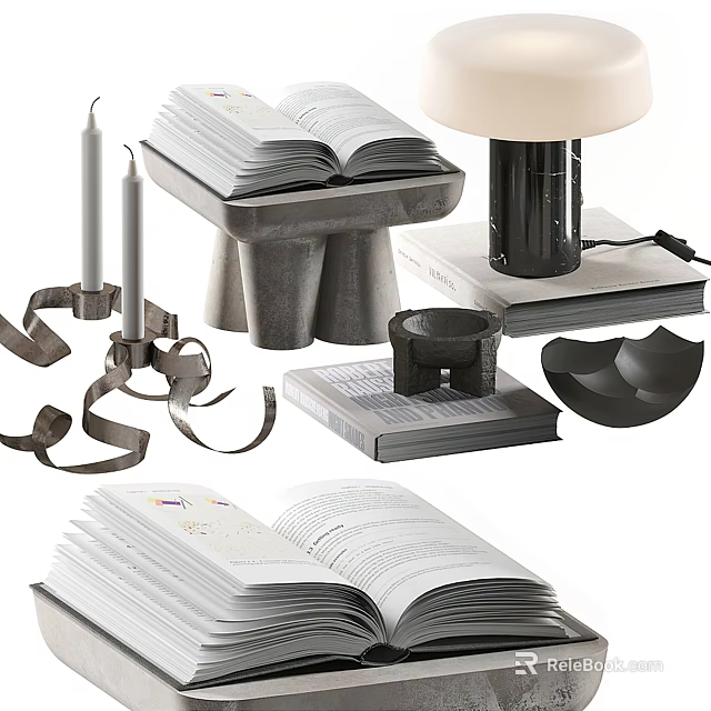 Decorative Ornaments Set With Open Stacked Books Table Lamp Candles And Geometric Decor 3d model 