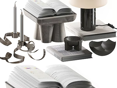 Decorative Ornaments Set With Open Stacked Books Table Lamp Candles And Geometric Decor 3d model