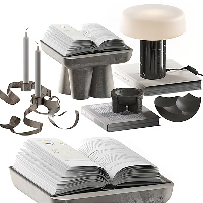 Decorative Ornaments Set With Open Stacked Books Table Lamp Candles And Geometric Decor 3d model