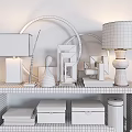 Decorative Ornament Combination With Table Lamps Metal Decor And Geometric Shapes On White Grid Shelf