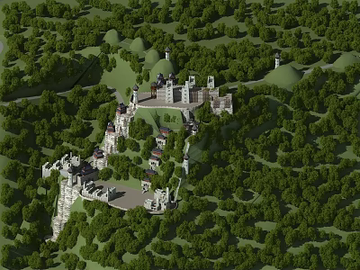 Birds Eye View Planning of Castle Estate with Green Landscape and Surrounding Hills 3d model