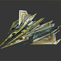 Futuristic Cosmic Spacecraft Design With Yellow White Green Geometric Shapes Sharp Edges And Streamlined Structure