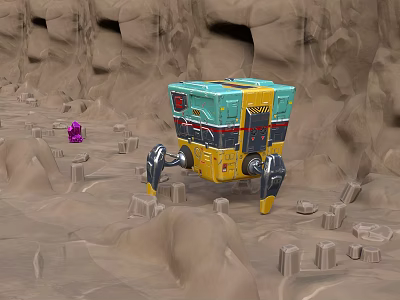 Yellow And Blue Robot With Mechanical Legs On Sandy Rocky Terrain Near Purple Object 3d model