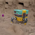 Yellow And Blue Robot With Mechanical Legs On Sandy Rocky Terrain Near Purple Object
