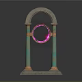 Turquoise Sculpture Carving With Arch Two Columns Brass Base Pink Glowing Ring