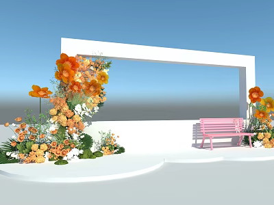 Outdoor Floral Installation With White Frame Pink Bench And Orange Yellow Flowers 3d model
