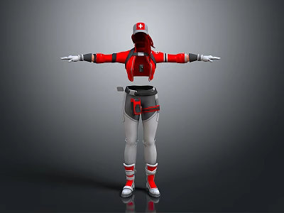 3D Character Model In Red And Gray Outfit With Hat And Outstretched Arms 3d model