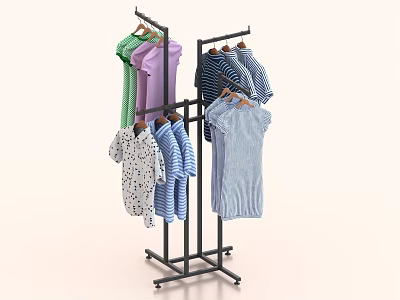 Colorful Various Style Clothes With Striped And Printed Patterns Hanging On Black Metal Clothing Rack 3d model