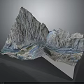 3D Terrain Model Featuring Mountain Ranges And Flowing River With Detailed Natural Texture