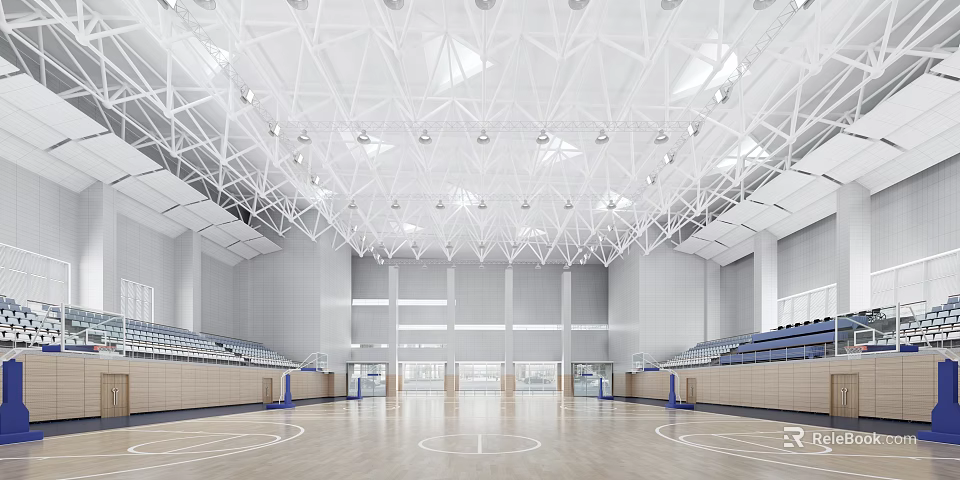 Spacious Basketball Court with White Metal Roof Structure Wooden Floor and Blue Seats 3d model 
