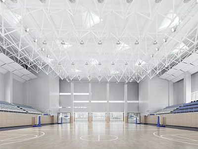 Spacious Basketball Court with White Metal Roof Structure Wooden Floor and Blue Seats 3d model