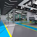 Modern Auto Showroom Interior With Green And Blue Floor Lines And Display Cars