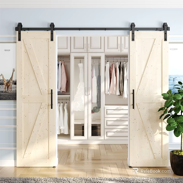 Wooden Barn Door Open Wardrobe With Hanging Clothes And Storage Cabinets Interior Design 3d model 