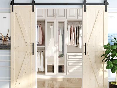 Wooden Barn Door Open Wardrobe With Hanging Clothes And Storage Cabinets Interior Design 3d model