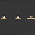 Three Transparent Boat Models With Orange Bases And Small Creature Figures On Gray Background With Reflection