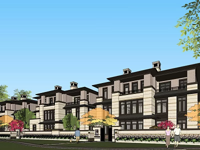 Modern Townhouses Exterior Design With Large Windows Green Plants People Walking And Blue Sky 3d model