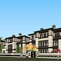 Modern Townhouses Exterior Design With Large Windows Green Plants People Walking And Blue Sky