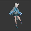 Anime Game Character With White Long Hair Cat Ears Teal Hoodie And Short Skirt