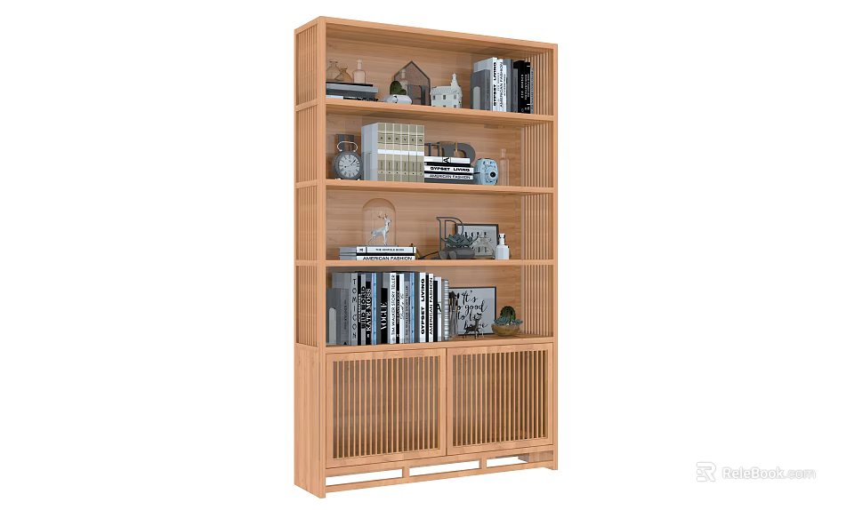Wooden Display Shelf With Multiple Layers Holding Books And Decorations 3d model 