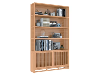 Wooden Display Shelf With Multiple Layers Holding Books And Decorations 3d model