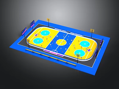 Outdoor Basketball Court Layout With Blue Surface Yellow Markings And Hoops 3d model