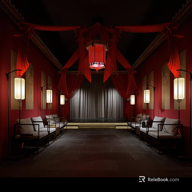 Traditional Chinese Style Interior With Red Curtains Hanging Lanterns And Benches 3d model 