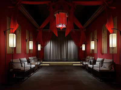 Traditional Chinese Style Interior With Red Curtains Hanging Lanterns And Benches 3d model