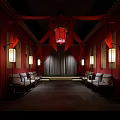 Traditional Chinese Style Interior With Red Curtains Hanging Lanterns And Benches