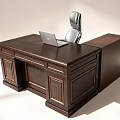 Wooden Office Desk with Laptop and Ergonomic Office Chair Featuring Drawers and Side Cabinet