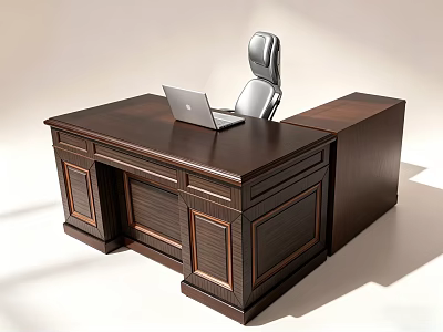 Wooden Office Desk with Laptop and Ergonomic Office Chair Featuring Drawers and Side Cabinet 3d model