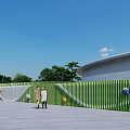 White Wavy Decorative Partition With Circular Ornaments In Outdoor Plaza And Green Trees